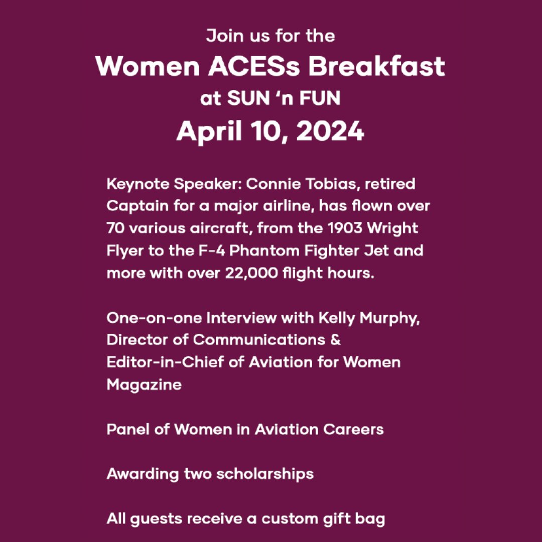 Women in Aviation International is proud to support SUN ‘n FUN's Women ACES Program. Join us for the Women ACES’s Breakfast at SUN ‘n FUN on Wednesday, April 10, 2024. For more information, visit flysnf.org/activities/oth… #IamWAI #WeAreWAI #WomeninAviation #SunNFUN #SNF24