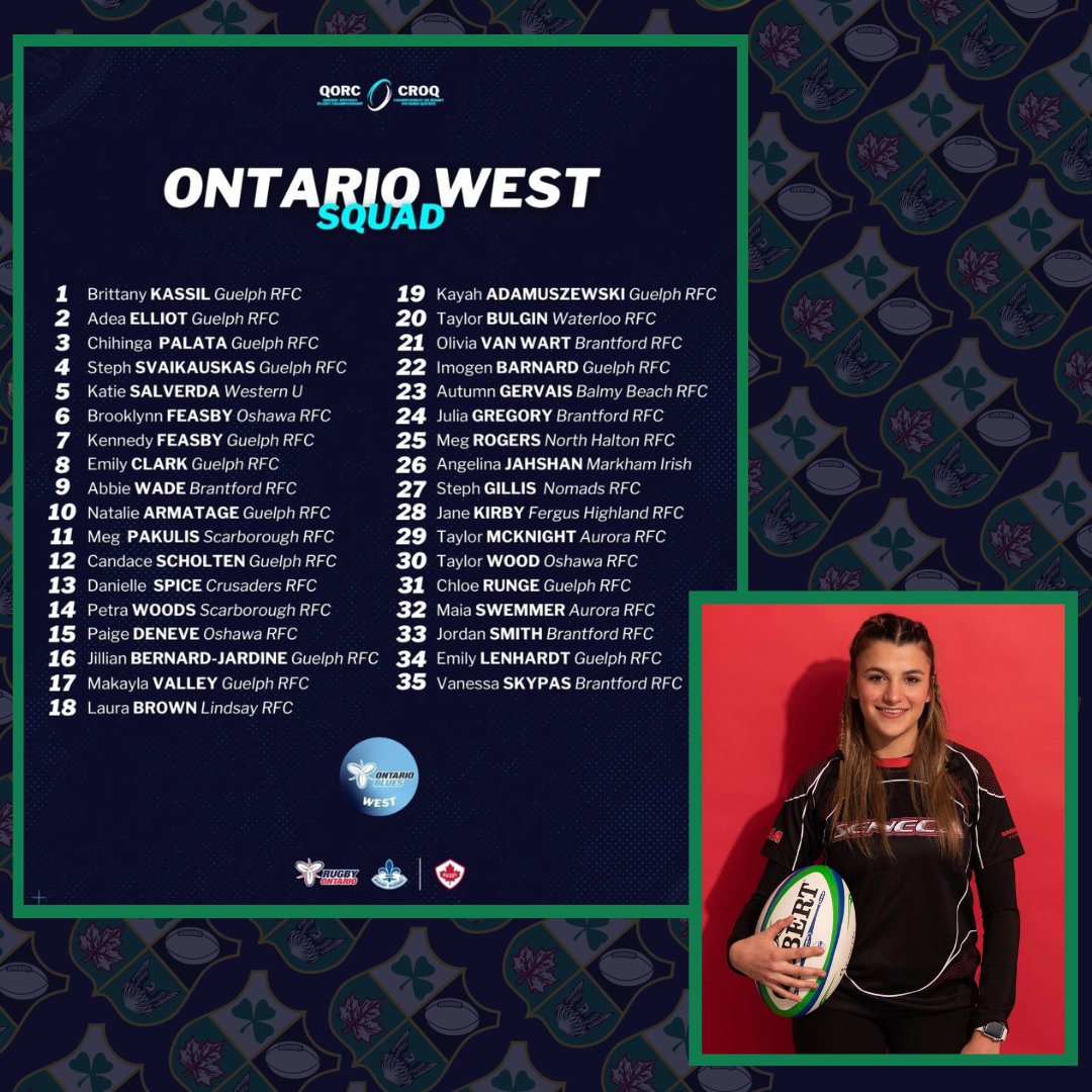 🤩Congratulations to Angelina Jahshan, representing the Ontario West Squad @ the Quebec Ontario Rugby Championship! Angelina is a dedicated player and student and we're proud to have her as a member of our team 💪. Good luck to you and the whole squad in the upcoming competition!