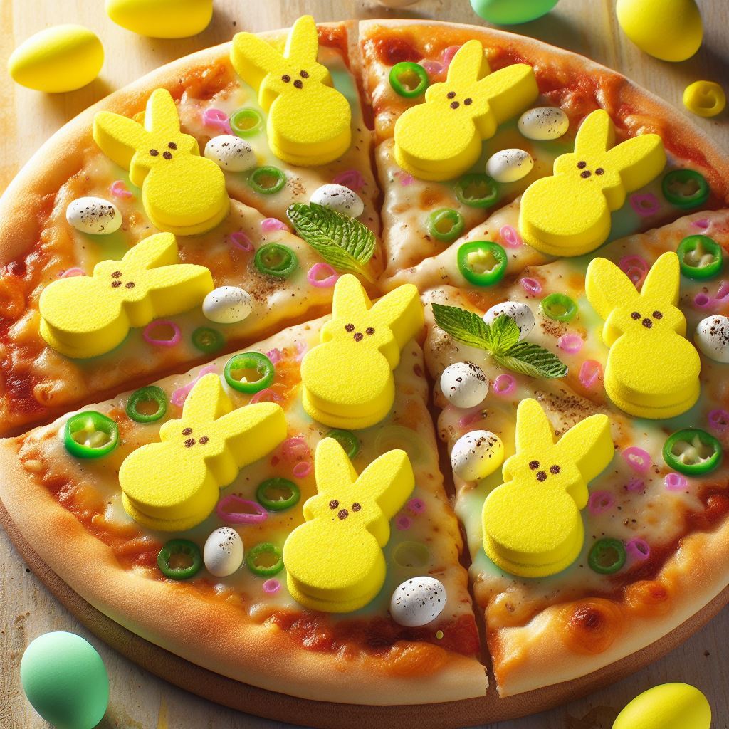 Samproof's tweet photo. Happy Easter! To celebrate, it's time for Eat-ster PeepSa!

Which slive are you taking?

#pizza #piday #peeps #nomnom #easter #easterfood #aiart #easterai https://t.co/tXp32zriB3 https://t.co/jf6aTjI8We