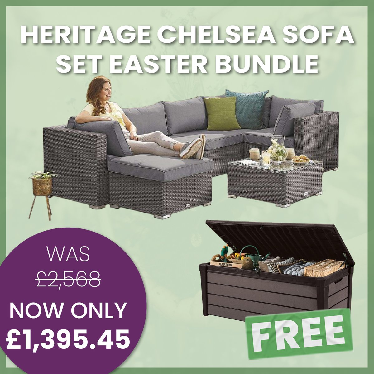 Grey Heritage Chelsea Corner Sofa Set Easter Bundle 🐰

1x Grey Heritage Chelsea Corner Sofa Set 
1x FREE Keter Brushwood 570L Storage Box

❌ WAS: £2,568
✅ NOW JUST: £1,395.45 

Add This Deal to Your Basket 🛒
zurl.co/0yRQ 

#gardendesign #gardeninspo #outdoorliving