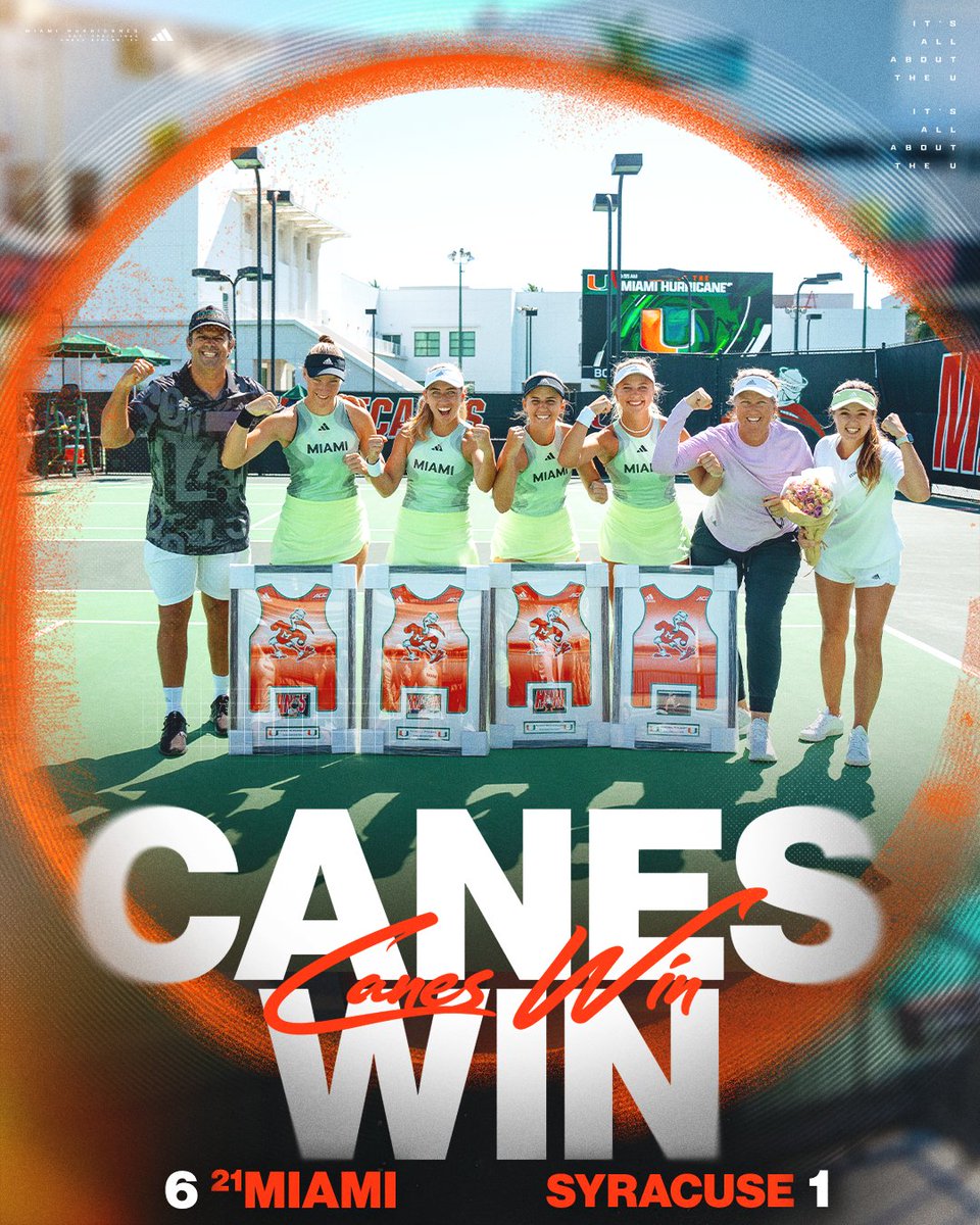CanesWTennis's tweet photo. The best way to send our seniors out 🙌

No. 21 Miami dominates Syracuse, 6-1!

#CanesWin https://t.co/Qr082i989o