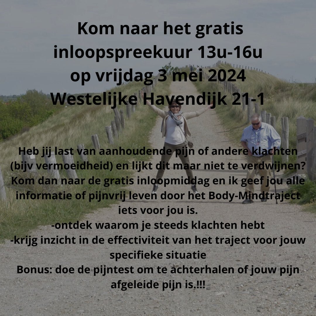 Nicoletwid's tweet photo. Wil jij de regie over jouw lijf&amp;leven? 
Wil jij pijnvrij leven?
Kom dan naar het inloopspreekuur. Wil je verzekerd zijn van een plek, stuur mij dan een pb https://t.co/Scu0BlGkip