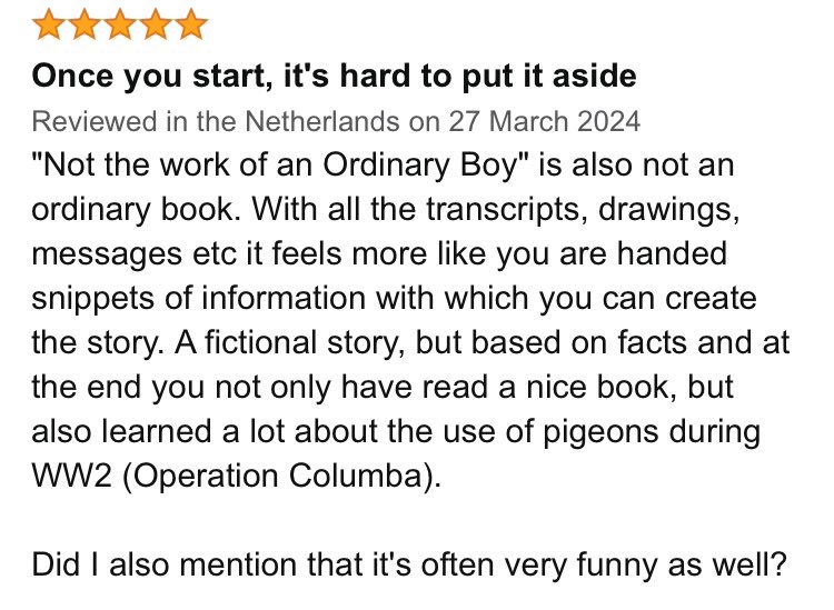 Thank you for this generous review, Peter! I’m thinking of adopting the final line as a personal tagline: ‘I’m often very funny as well’ 😉 #NotTheWorkOfAnOrdinaryBoy @StairwellBooks