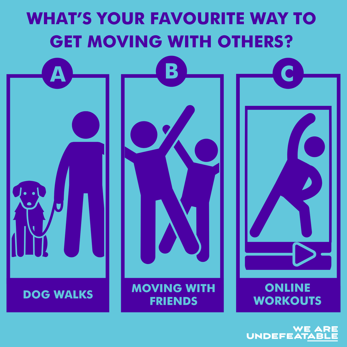 Mixing up who we get moving with can be a great motivator to get active 🙌 Whether it's taking your pet for a walk, buddying up with friends, or hopping on an online workout, there are many ways to mix up your routine! How do you like to get active with others? 👇