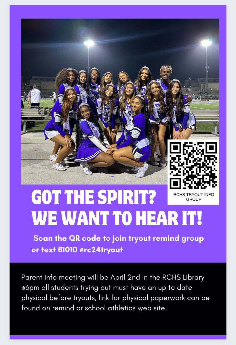 Are you interested in trying out for Cheer next year. Come to our information meeting this Tuesday(4/2). @BHildebrandRCHS @sports_rchs @MrRobertSanch @RCHSCougarsFB