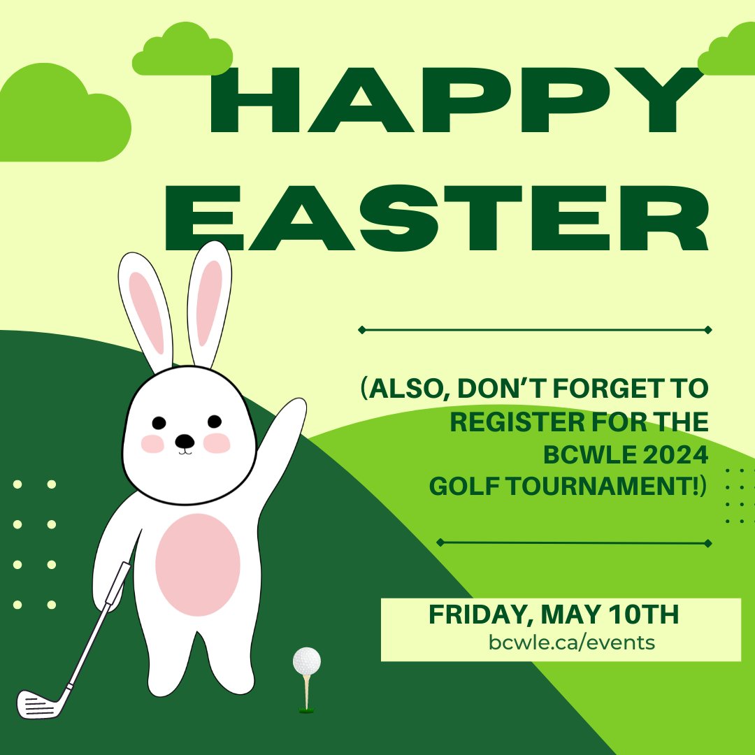 Happy Easter! And while you’re here, just a reminder about the #BCWLE 2024 Golf Tournament. While we can’t guarantee the Easter Bunny will be on the course, we did have Canadian geese last year, so you never know… 😉🐰⛳️🏌️‍♀️

#HopToIt #WomenLeading #StrongerTogether