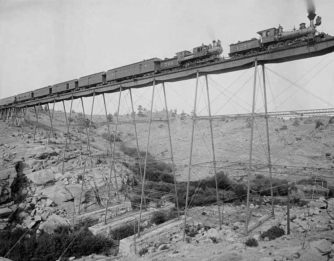 Dale Creek Bridge, a iron bridge in Sherman, Wyoming, USA. A dangerous crossing that required trains to slow down to 4 mph 
(6.4 kph) 1885.
