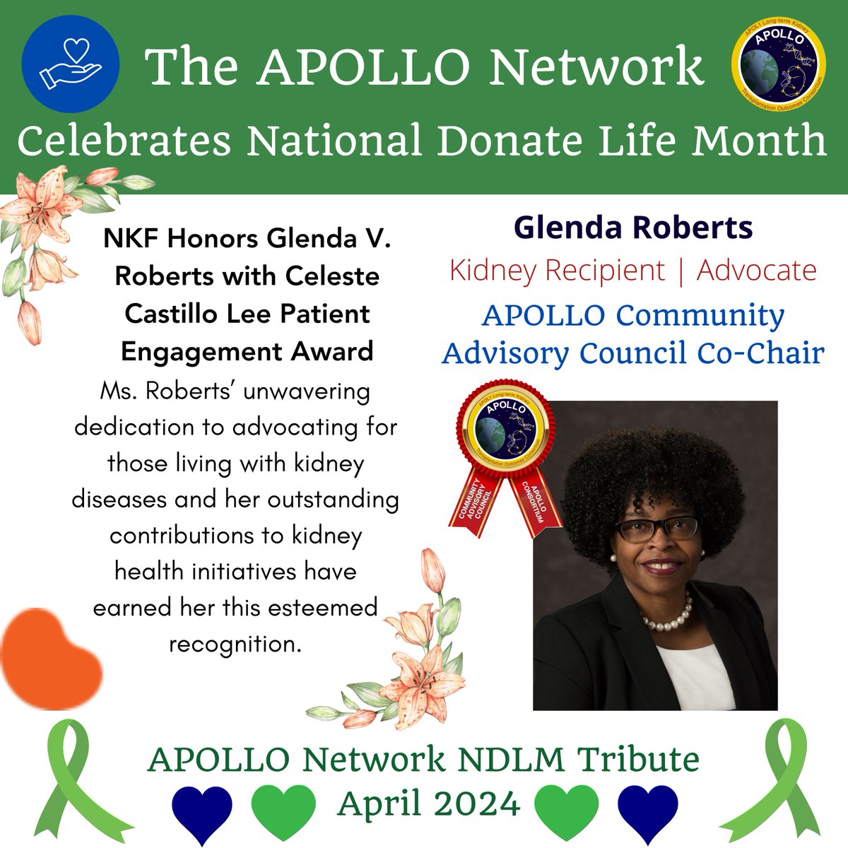 ApolloNetwork13's tweet photo. 📣The @ApolloNetwork13 honors #DonateLifeMonth 2024🦋💙💚
👏🏽Congratulations ##CommunityAdvisoryCouncil Co-Chair @itsglendar for receiving @nkf ‘Celeste Castillo Lee #PatientEngagement Award🙌🏾
Recognizing unwavering dedication to advocating for those living with #kidneydiseases🤝🏽 https://t.co/oGi1LoePVv