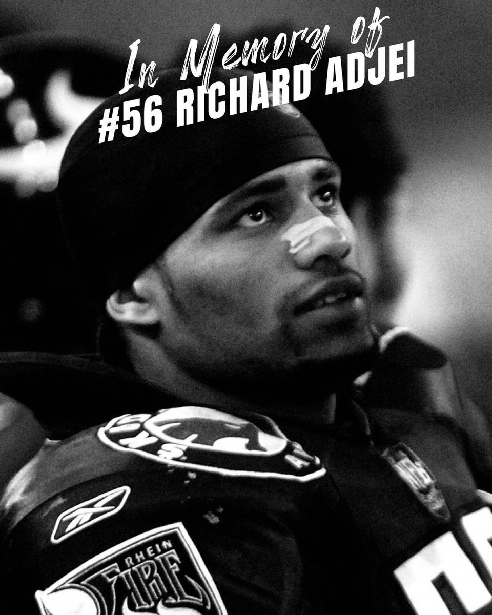 56 days before the start of the season, we fondly remember former NFL Europe Rhein Fire linebacker † #56 Richard Adjei. The number 56 is forever retired. 𝐆𝐨𝐧𝐞 𝐛𝐮𝐭 𝐧𝐞𝐯𝐞𝐫 𝐟𝐨𝐫𝐠𝐨𝐭𝐭𝐞𝐧. 🕯️🕊️ #56 #RichardAdjei #RheinFire