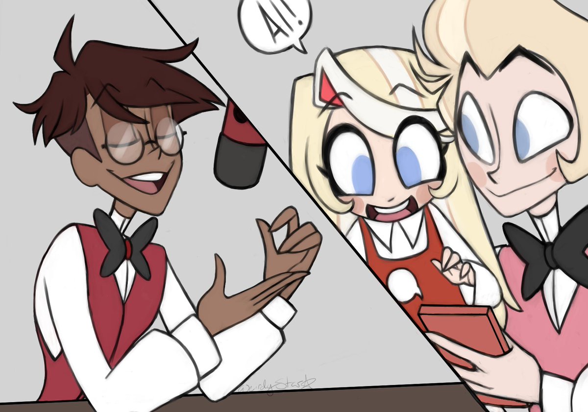 I just imagine Lucifer turning on Alastor's broadcast just for Charlie because she gets so excited about hearing it. #HazbinHotel #HazbinHotelFanart #HazbinHotelLucifer #HazbinHotelCharlie #HazbinHotelAlastor #humanalastor #humanlucifer #humancharlie