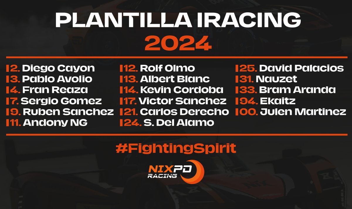 NIXSimRacing's tweet photo. Conocíais la fusión, el nombre, el logo, los colores... pero no a la gente que forma parte de todo esto y que nos representan sobre el asfalto🤗

Experiencia, nivel y con muchas ganas de seguir demostrando al máximo nivel🔝

Nuestra plantilla de iRacing👀⬇️

#FightingSpirit🧡🖤 https://t.co/kokxG6sxG9