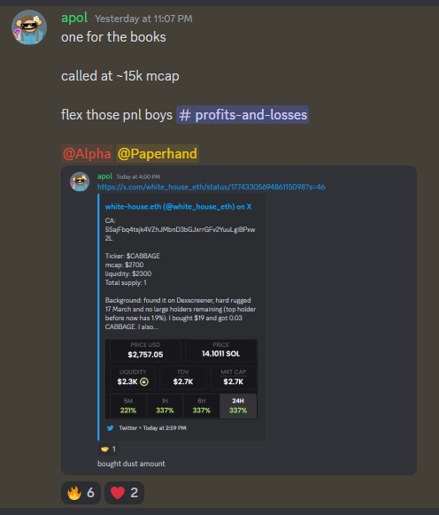 apoldiaries's tweet photo. lmao another legendary trade

called $cabbage at ~15k market cap and just hit 30m recently

literally printing millionaires in less than 12 hours

insane trade i saw from one of our members is 0.25 sol -> 200+ sol

literally lifechanging

PPHdao on 🔝🇵🇭

#cabbage https://t.co/isUXwo3PHi