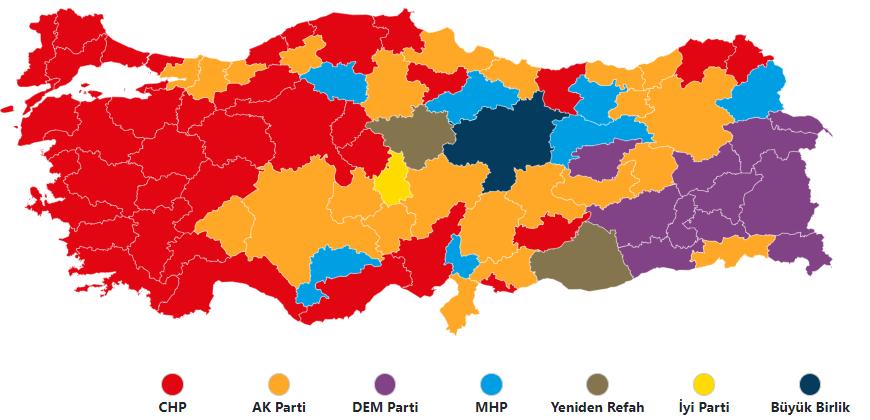 Anadolu Ajansı - Türkiye Geneli Sonuçları  
📌CHP Türkiye genelinde 1. parti konumunda bulunuyor. 
 Açılan Sandık: yüzde 45,10  
CHP: yüzde 38,36 
AKP: yüzde 37,38 
DEM: yüzde 5,76
YRP :  yüzde 5,05
MHP: yüzde 3,51
#TÜRKİYEGENELİ #SONDURUM