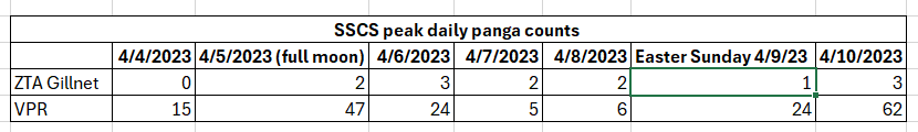CetaceanAction's tweet image. 4/4 2023 ZTA gillnet activity much lower than previous year. VPR fishing activity fell the Friday &amp;amp; Saturday before Easter Sunday &amp;amp; daily peaks were mostly during daylight.  Will soon cover this year's holiday, how much of a spring break did #vaquitas get from gillnetting threat?