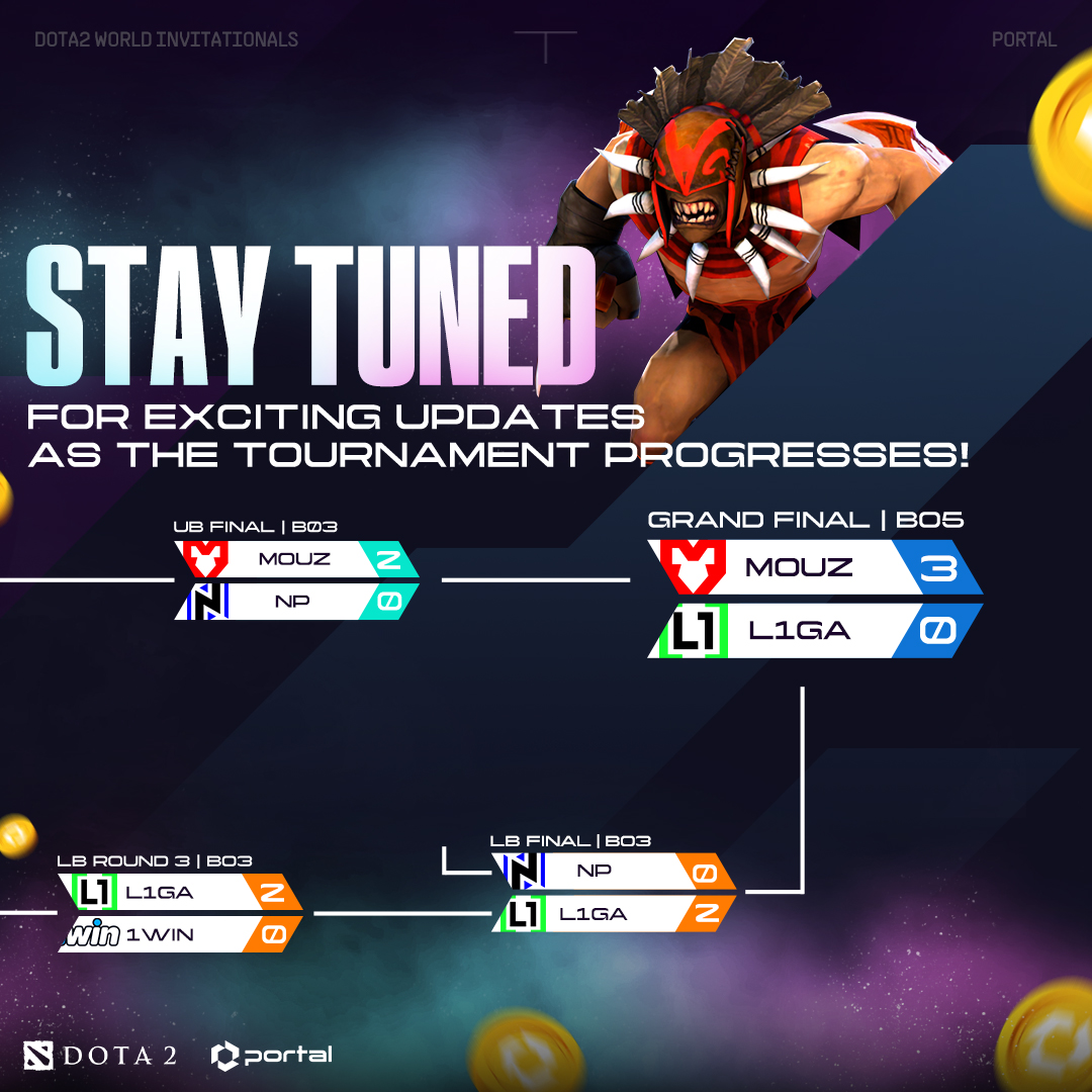 🏆 Day 4 Bracket Update: <a href="/mousesports/">MOUZ</a> emerges victorious as the champions of the Portal Dota 2 World Invitationals! Congratulations to Mouz on their impressive triumph! 🎉