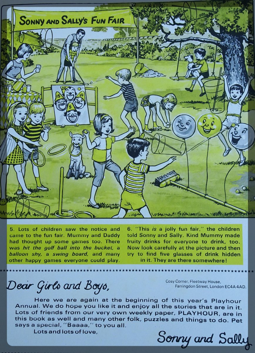 OldSchoolBooks1's tweet photo. Time to look at a #Playhour #Annual, which was published from #CosyCorner in Fleetway House in London and written by Sonny and Sally. I really do hope there was a Cosy Corner at Fleetway House. They can't have been lying to us, I hope! #vintagecomics #comics https://t.co/3lvODrTFu4
