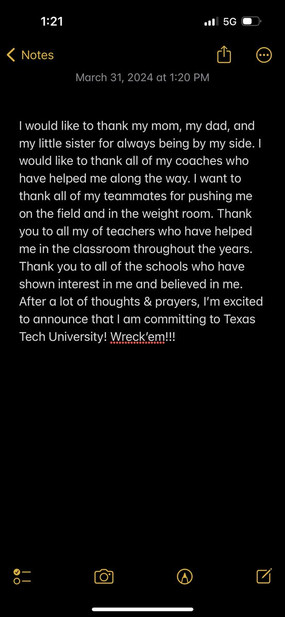 Excited to announce my commitment to Texas Tech University!#WreckEm
👆👆👆🌵🌵🌵

 <a href="/TexasTechFB/">Texas Tech Football</a> <a href="/JoeyMcGuireTTU/">Joey McGuire 🌵</a> <a href="/CoachKennyPerry/">Kenny Perry 🌵</a> <a href="/CoachCochranTTU/">Josh Cochran</a> <a href="/jkbtjc_53/">James Blanchard 🌵</a> 

<a href="/MWRamFootball/">Mineral Wells Football</a> Let’s go to work! 
<a href="/CoachCWorrell/">Cody Worrell</a>