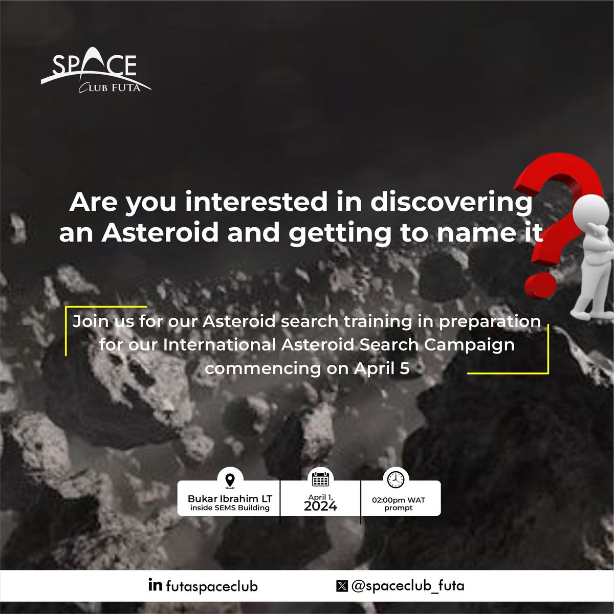 spaceclub_futa's tweet image. The long anticipated Asteroid Search Campaign of @FUTAkure is commencing on April 5, 2024. We will be meeting tomorrow for preparatory training.

Stay tuned for information about our discoveries!!!

#FUTASpaceClub #CitizenScience #spacescience
