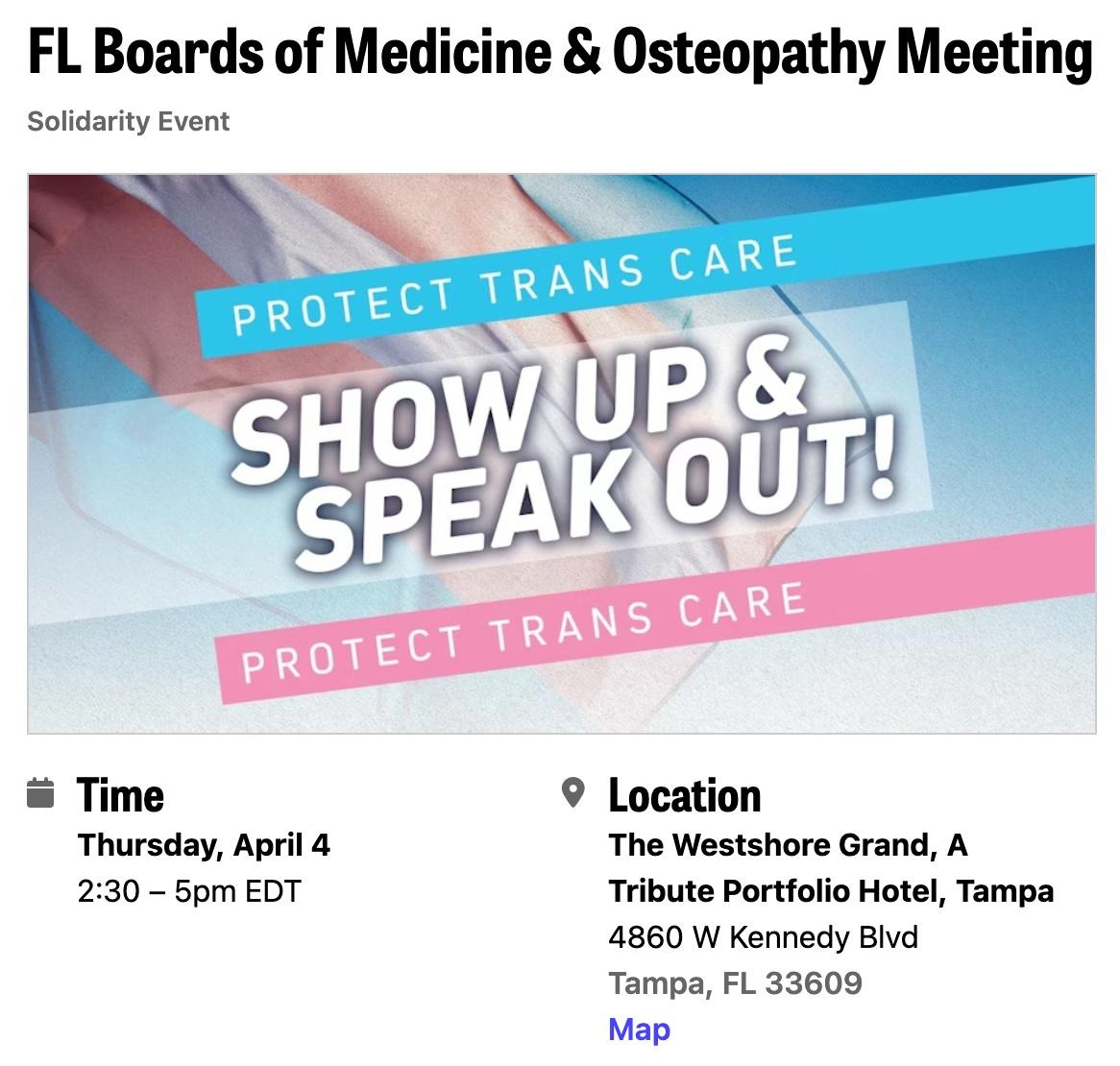 ICYMI: Important meeting in Tampa this Thursday that will impact Gender Affirming Care. See more details from @equalityfl and find link to RSVP here: mobilize.us/equalityflorid…