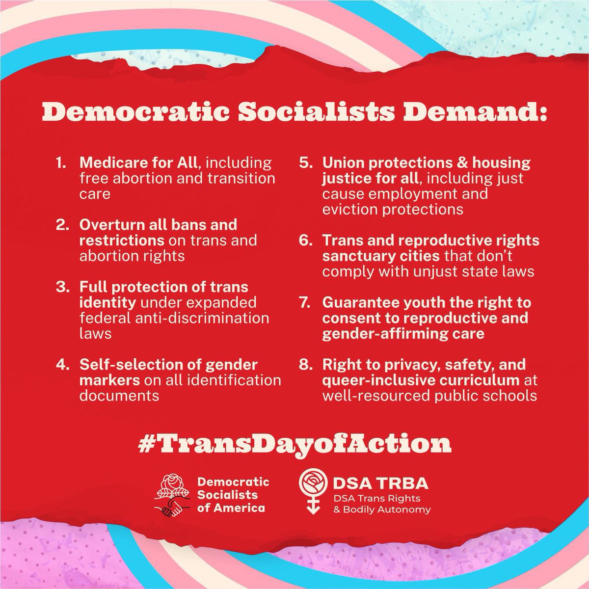 Happy Trans Day of Visibility! DSA Chapters around the country are making today a Trans Day of Action too! Many social changes vital for queer liberation are central to socialist politics. Solidarity forever! 🏳️‍⚧️ 🌹 #TransDayOfVisibility #TransDayOfAction