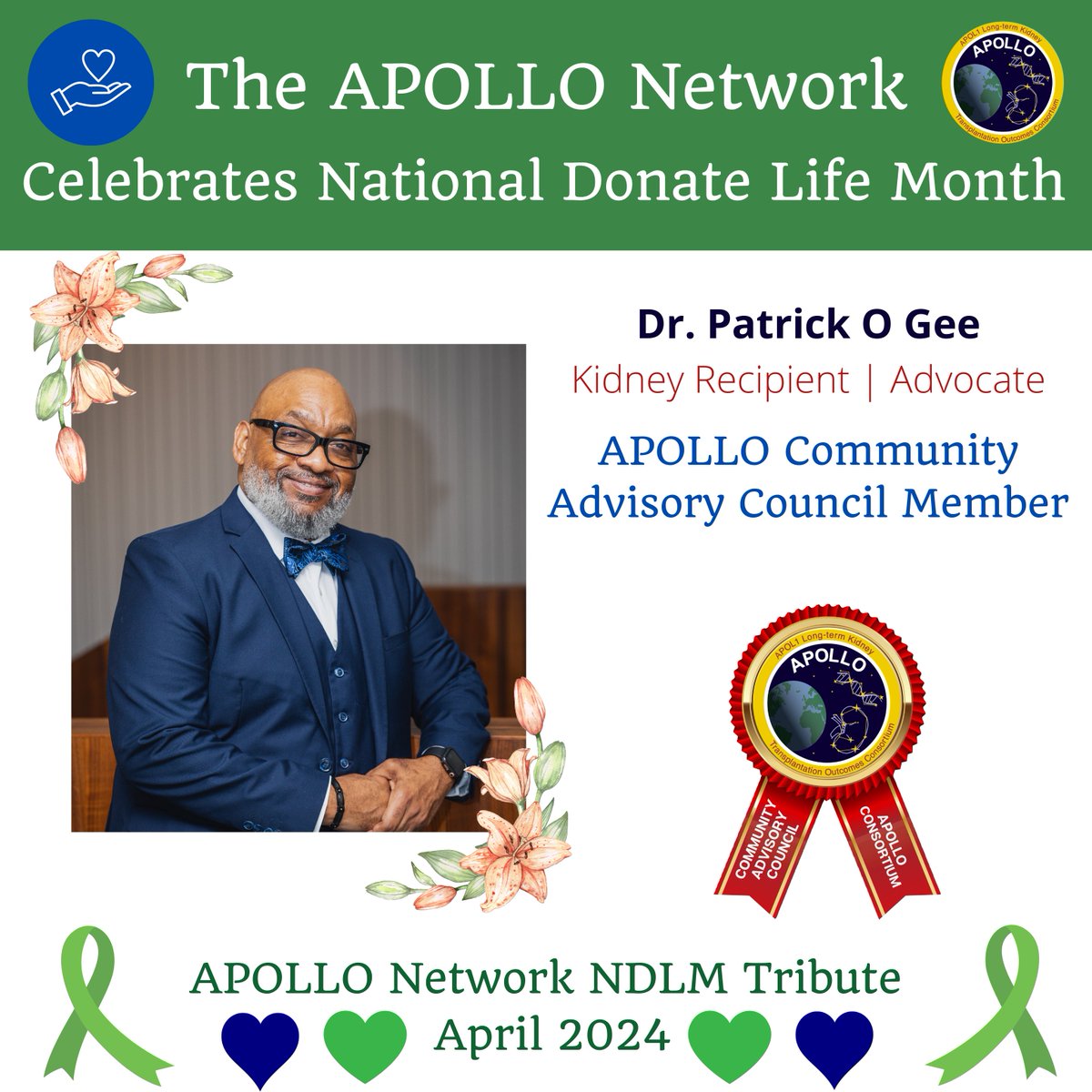ApolloNetwork13's tweet photo. 📣The @ApolloNetwork13 honors #DonateLifeMonth 2024🦋💙💚
🙌🏾Sharing inspirational message from #CommunityAdvisoryCouncil member @PGee51🎤 ‘Living with #ChronicKidneyDisease has taught me the importance of #dedication &amp; compassion in serving others through #APOLLO’🤝🏽@NIDDKgov🧬🙌🏾 https://t.co/GRRq2AFhvl