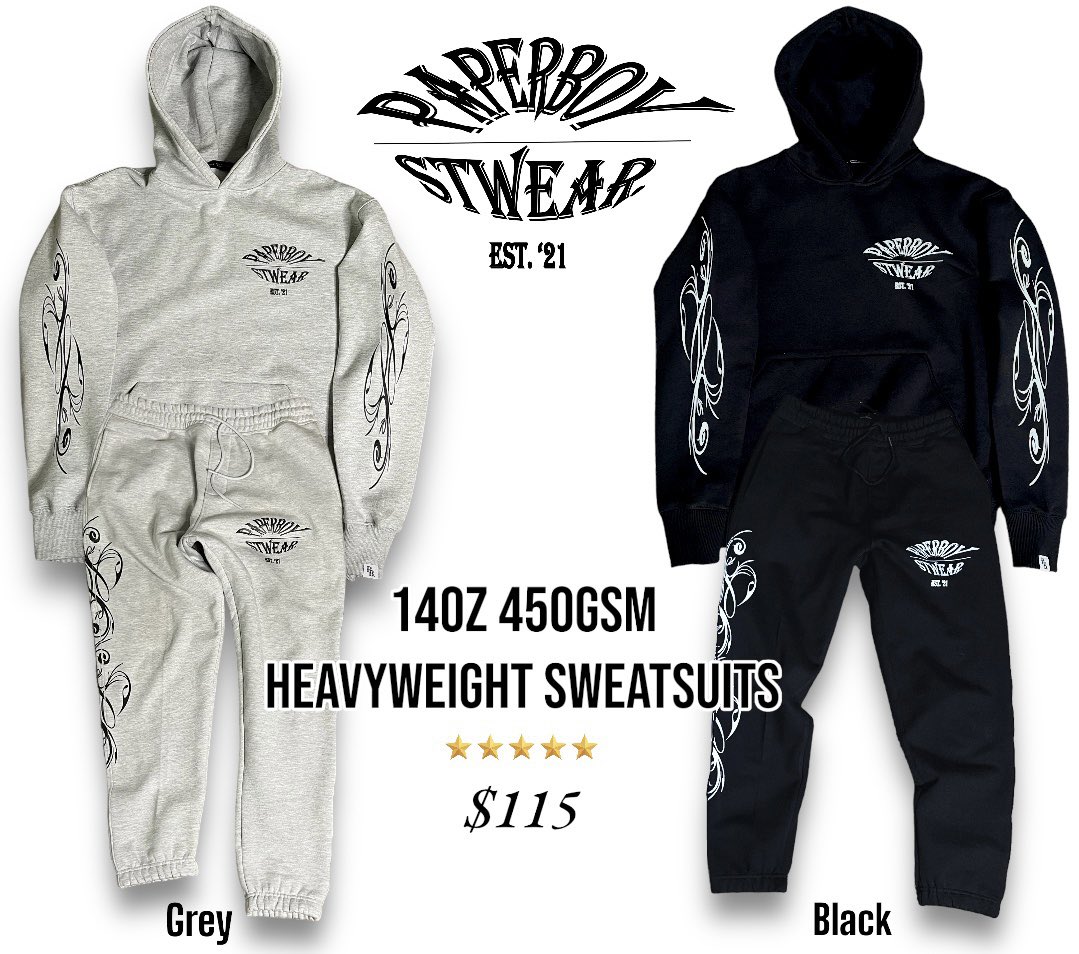Paperboystwear_'s tweet photo. Our heavyweight sweatsuit is 14oz cotton and 450gsm, making it heavy and cozy enough for any fall or winter day. Comes in 2 color ways black or grey, with a stringless hood, accents on the arms sleeve and leg sleeve this sweatsuit is a fashion statement for any occasion! 

$115 https://t.co/r8jlSSWBgf