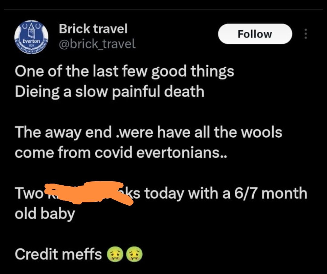 @brick_travel You posted this disgusting racist tweet yesterday (which you have now deleted). You should be called out by every right minded Evertonian. This is not representative of our club nor Blues. Disgusting and shameful