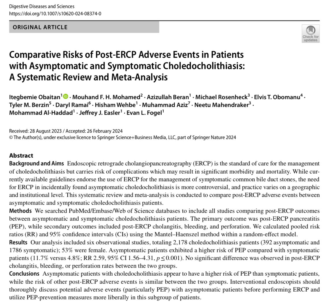 Azizullah Beran, MD, ABOM-D (@azizullahberan) on Twitter photo Check our meta-analysis comparing the risks of post-ERCP adverse events in asymptomatic and symptomatic choledocholithiasis <a href="/DDS_Journal/">Digestive Diseases and Sciences</a>
@IObaitan <a href="/MouhandMD/">Mouhand Mohamed, MD, MSc</a> <a href="/DarylRamai/">Daryl Ramai, MD, MPH, MSc.</a> <a href="/HishamWehbeMD/">Hisham Wehbe</a> <a href="/Aziz_M50/">Muhammad Aziz</a> <a href="/alhaddad_mo/">Mohammad Al-Haddad, FASGE,FACG, AGAF</a>
link.springer.com/article/10.100… Check our meta-analysis comparing the risks of post-ERCP adverse events in asymptomatic and symptomatic choledocholithiasis <a href="/DDS_Journal/">Digestive Diseases and Sciences</a>
@IObaitan <a href="/MouhandMD/">Mouhand Mohamed, MD, MSc</a> <a href="/DarylRamai/">Daryl Ramai, MD, MPH, MSc.</a> <a href="/HishamWehbeMD/">Hisham Wehbe</a> <a href="/Aziz_M50/">Muhammad Aziz</a> <a href="/alhaddad_mo/">Mohammad Al-Haddad, FASGE,FACG, AGAF</a>
link.springer.com/article/10.100…