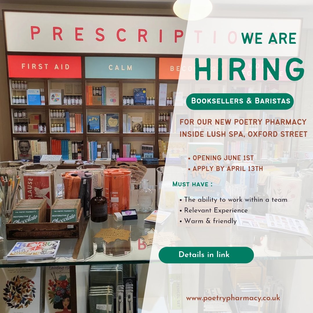 Such exciting news for us! We're delighted to have been offered a more permanent London home on the 1st floor @LushLtd Spa on Oxford Street. @LushOxfordSt We're looking to set up a lovely team of people to work with us there! Please share far and wide! poetrypharmacy.co.uk/jobs