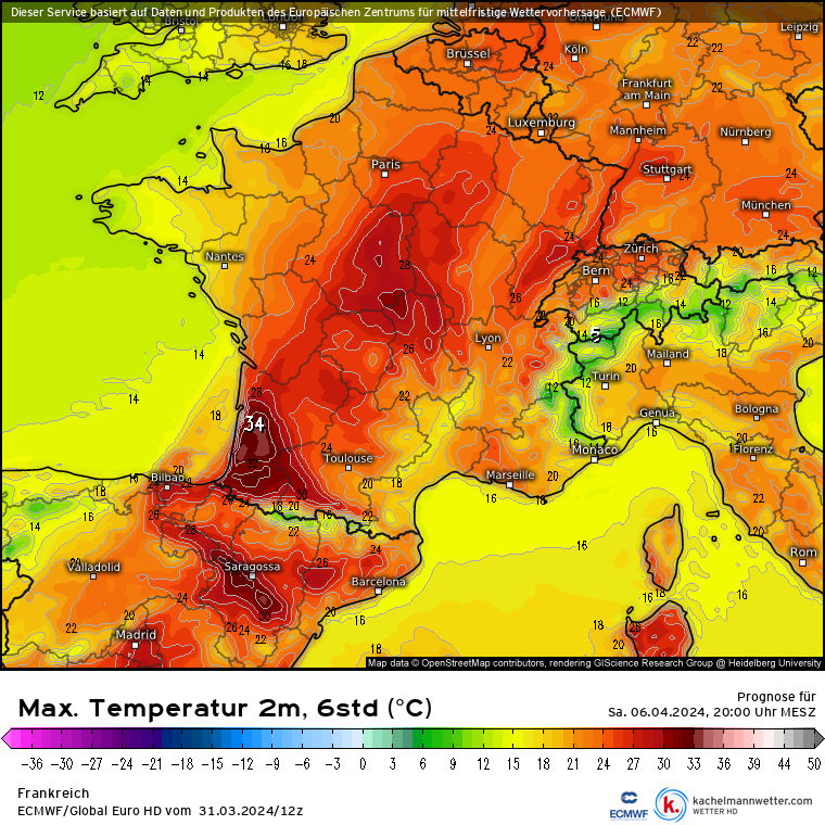 Kachelmannwettr's tweet photo. Nur mal so was das ECMWF Modell für Frankreich am Samstag und Deutschland am Sonntag so berechnet. Das ist noch keine Vorhersage. Beim ungewöhnlichen Warmluftvorstoß über Europa kommendes Wochenende ist natürlich noch Spielraum . Das wäre historisch für Anfang April. /FR https://t.co/i3mSEdAejl