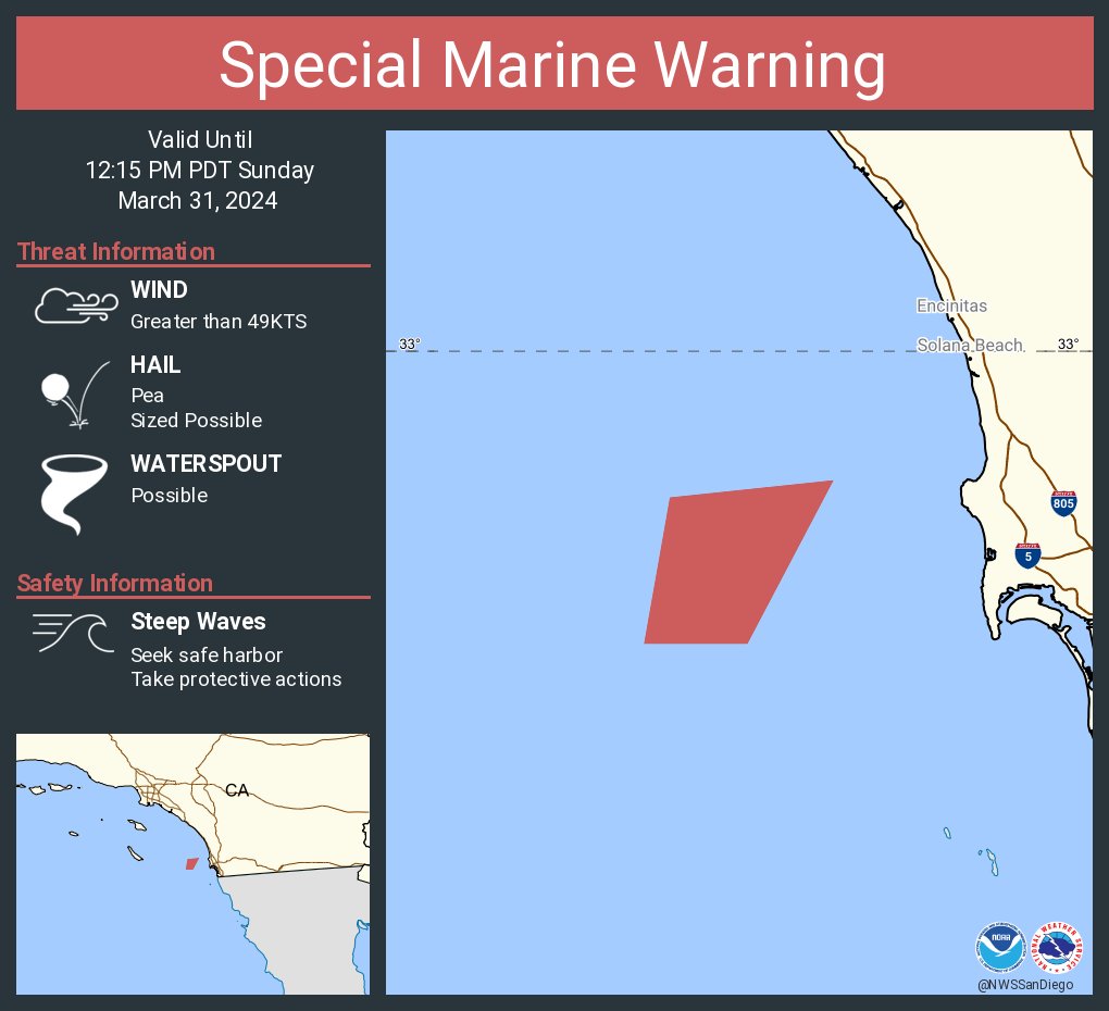 Special Marine Warning including the Coastal Waters from San Mateo Point to the Mexican Border and out to 30 nm until 12:15 PM PDT