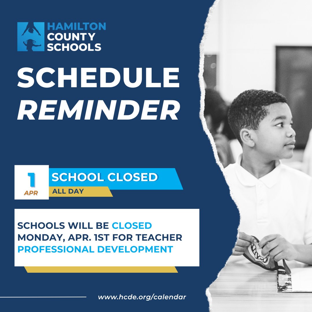 Schedule Reminder 🚨No s chool tomorrow, April 1 for Professional Development Day. To view the full school calendar, visit hcde.org/calendar