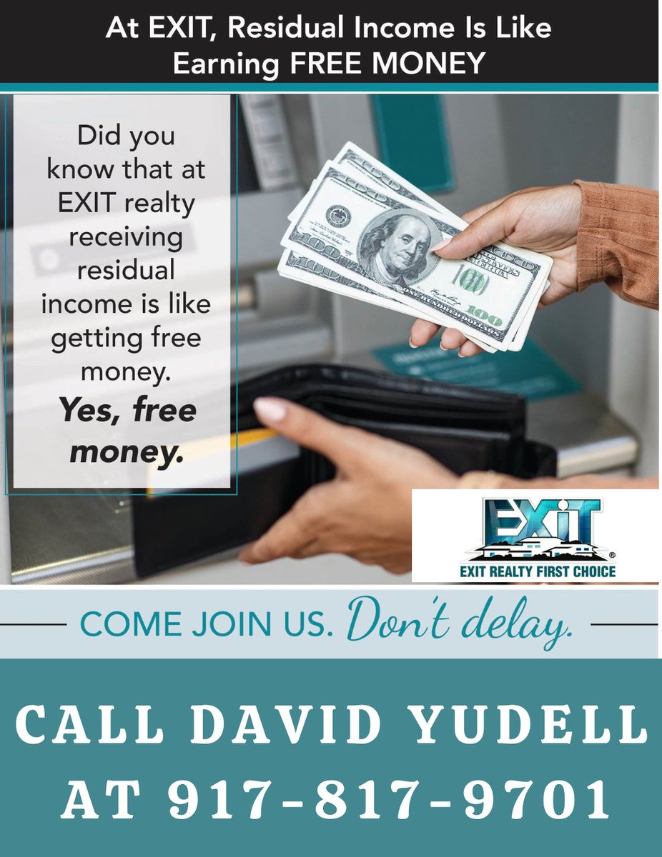 Don't Miss Out on Residual Income Opportunities! 📷 In today's world, not earning residual income is a missed opportunity. 📷 Discover why EXIT Realty  is your smart move towards financial freedom! To learn more, contact David Yudell at 917-817-9701!
#JoinEXIT