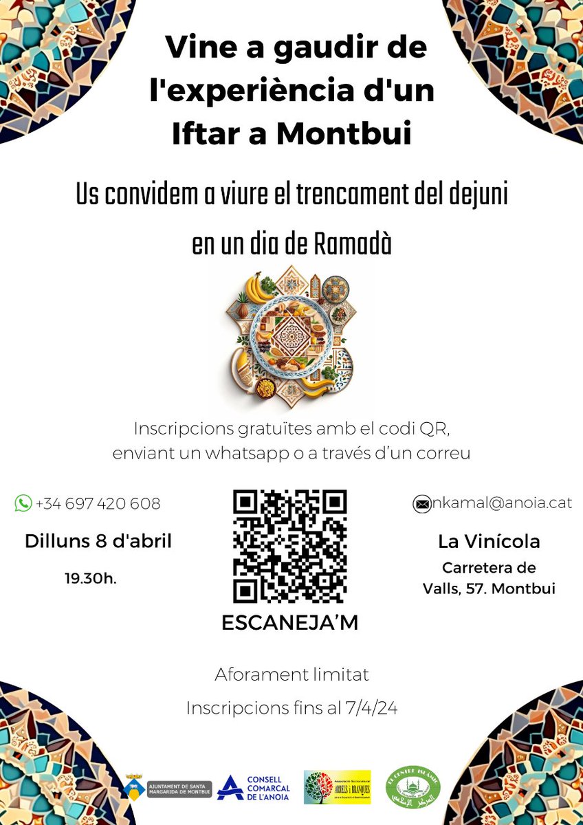 ConsellAnoia's tweet photo. El Departament de Benestar Social i Atenció a la Ciutadania del Consell Comarcal de l'Anoia, juntament amb les comunitats musulmanes i els ajuntaments dels Hostalets de Pierola, Òdena i Santa Margarida de Montbui
➡️ us convidem a participar dels Iftars populars https://t.co/Fplg6Qko51