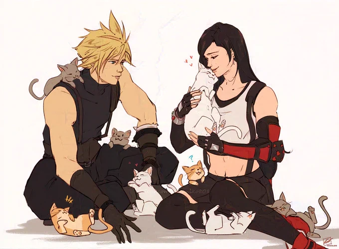 (slight ff7 rebirth spoilers)cloud and tifa with kitties  