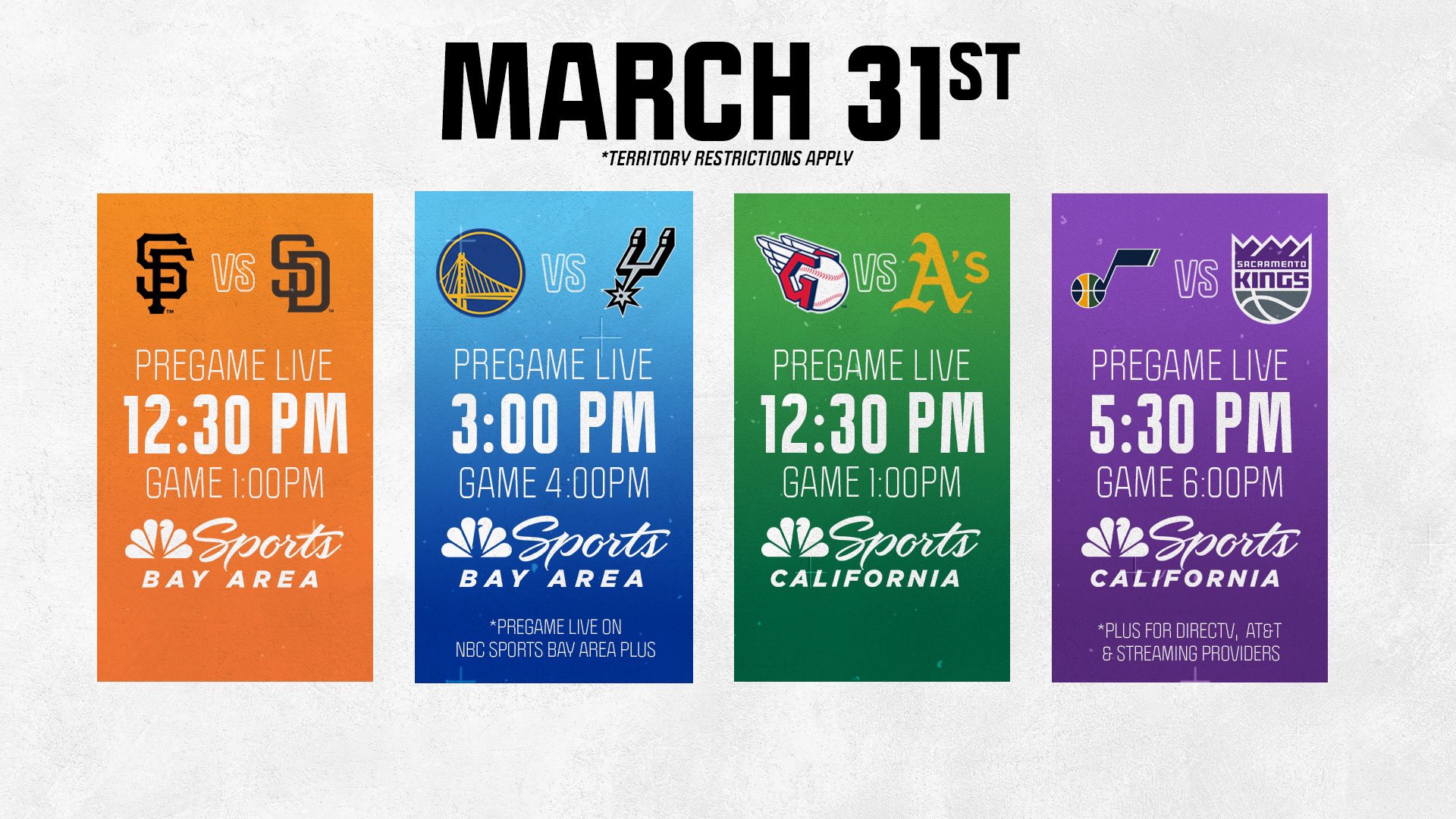 NBC Sports Bay Area CA on X Busy sports day Catch all the action on NBC Sports Bay Area NBC Sports California California Plus and the NBC Sports app