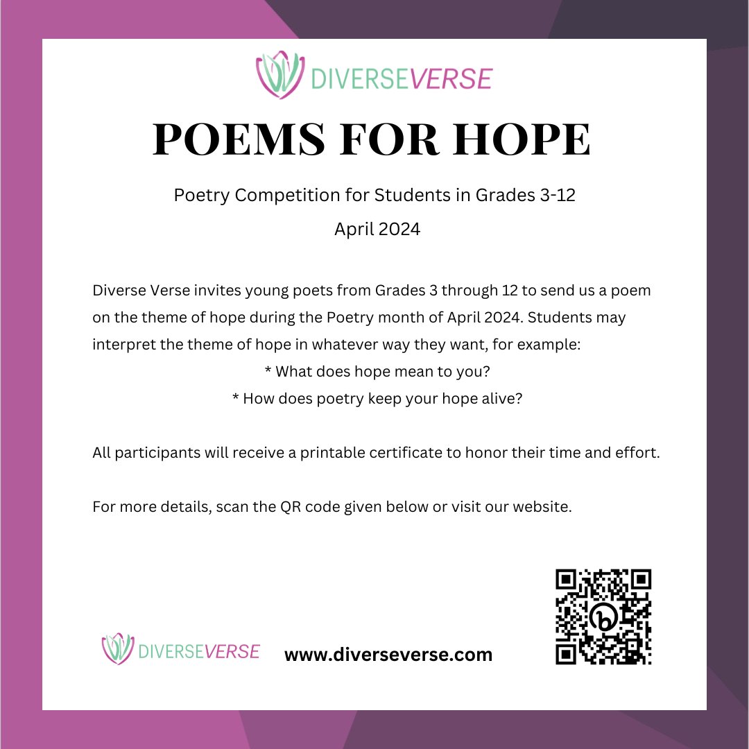 #Teachers and #Librarians, please share this opportunity with #students. @Diverse_Verse #NationalPoetryMonth #poetry #contest