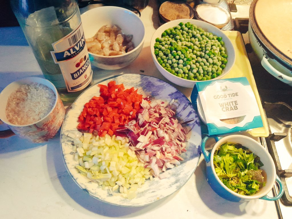 Another Risotto (Seafood) for Easter #EasyCooking PREP/INGREDIENTS: Small-diced Red Onion, Celery, Red Pepper Raw, Shelled King Prawns chopped in half, Crab Meat White Vermouth/White Wine Chopped Herbs & Lemon Juice Risotto Rice Frozen Peas Veg Stock Salt / Pepper / Oil