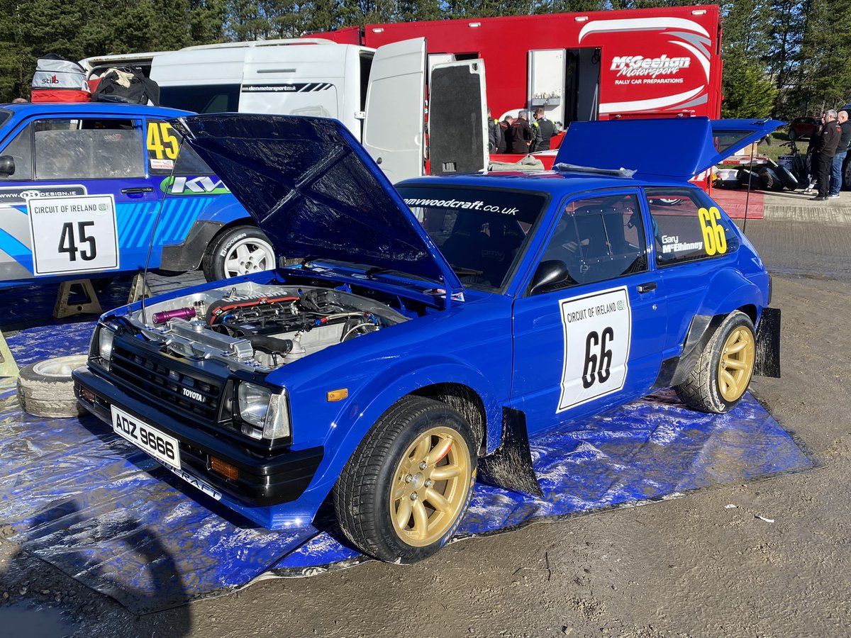 McElhinneyGary's tweet image. After 6 years @pmvwoodcraft had the helmet back on the Circut of Ireland Rally in the cool @DenMotorsport built Starlet.. A diff issue meant we had to pull out but a hopefully a quick fix and and she will go again. #toyota #starlet #rwd #rally #circut