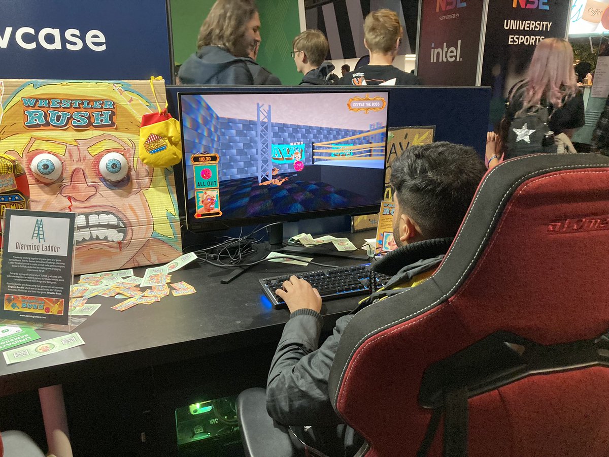 Thank you to everyone that tried out ‘Wrestler Rush’ this weekend at #i72 🥳 A lot of great feedback and rubber chicken trick shots 🐥

Special thanks to <a href="/nse_gg/">National Student Esports</a> ❤️ we had a blast thank you for the invite! 

#indiedev #gamedev #WrestlingCommunity #wrestling #indiegame