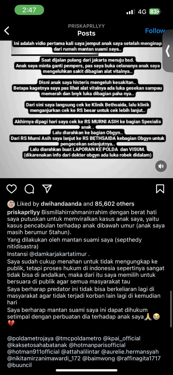 senjatanuklir's tweet photo. TW // sexual harassment

Anak berumur lima tahun dicabuli ayah kandungnya 4x.

Ibunya sudah melaporkan ke pihak berwajib. Kmrn melalui Instagram, ibunya mengunggah video pengakuan anaknya &amp; berharap kasus ini cepat mendapatkan keadilan. (Akun di foto terlampir) https://t.co/av7vEHopus
