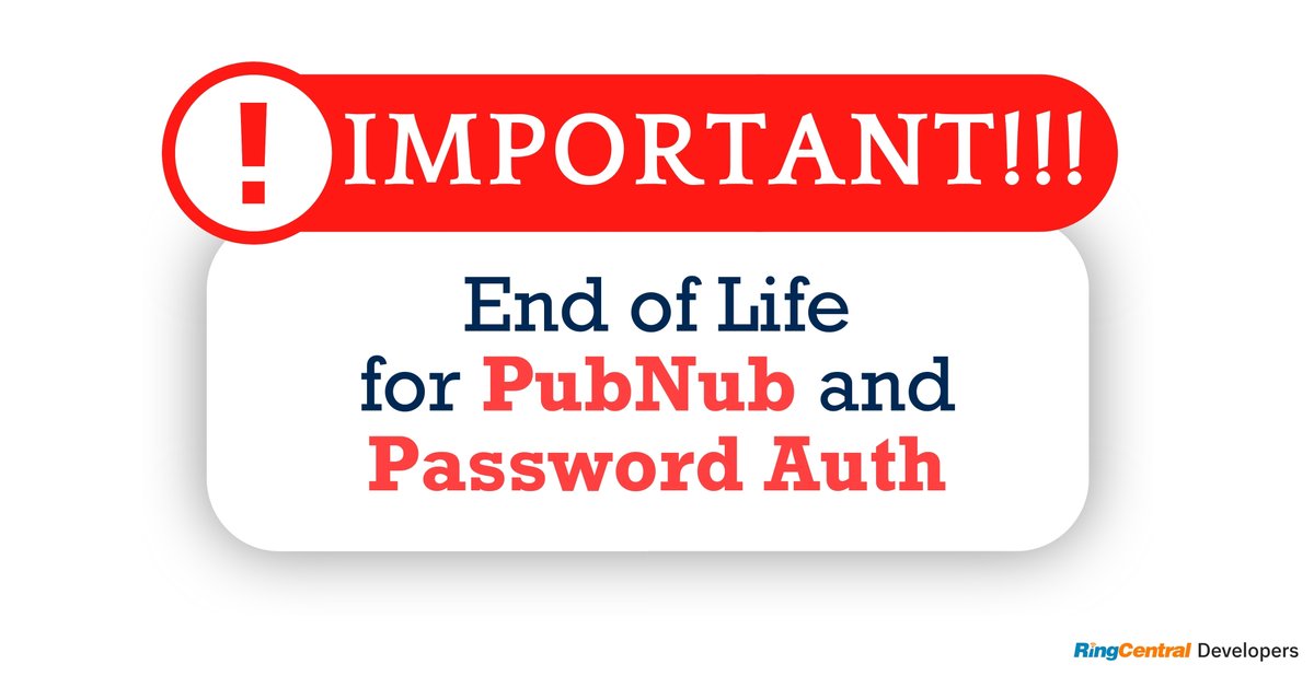 RingCentralDevs's tweet image. ⚠️🚨 Attention Devs! TODAY&apos;S THE #DEADLINE! PubNub &amp;amp; password auth support ends today. #Migrate RingCentral apps: WebSockets &amp;amp; JWT/OAuth. 

PubNub - community.ringcentral.com/articles/11631… 

ROPC - community.ringcentral.com/articles/11631…