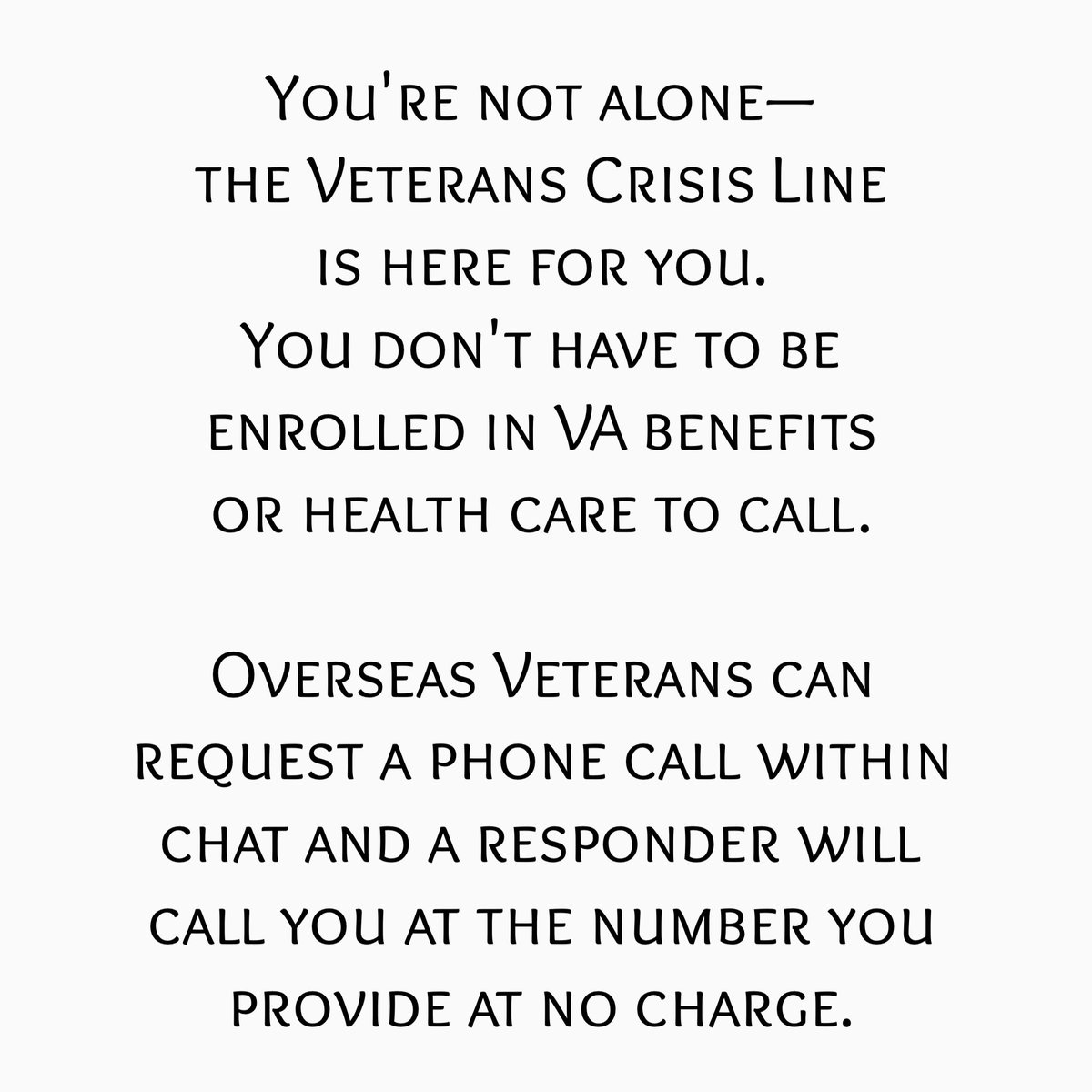 Please don't politicize One Veteran suicide is one too many. Share these numbers and show our veterans & troops we care and they're not alone. Veteran Crisis Line Call: 988 Press 1 or 800-273-8255 Press 1 Text 838255 Connect Online: veteranscrisisline.net