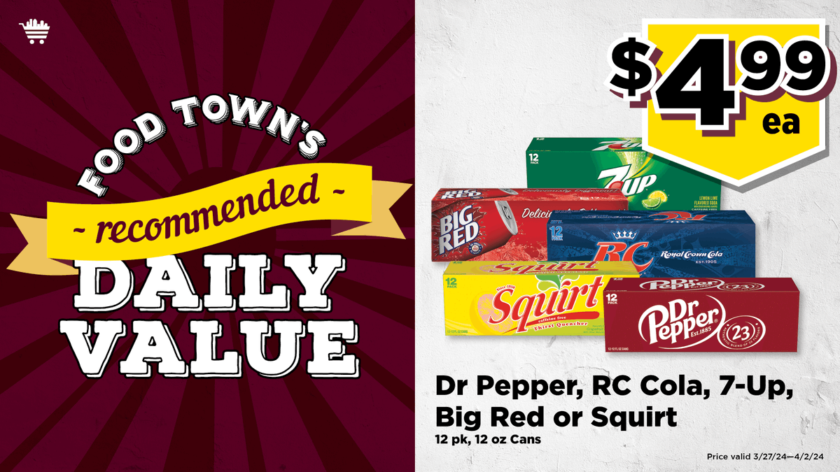 YourFoodTown's tweet photo. It's your Food Town RDV –Dr Pepper, RC Cola, 7-Up, Big Red or Squirt, 12 pk, 12 oz. cans, $4.99 ea. https://t.co/7MPSOO2r2e (through 4/2/24) #rdv #save #everydayvalues #foodtownhouston https://t.co/KOeU8CipBS