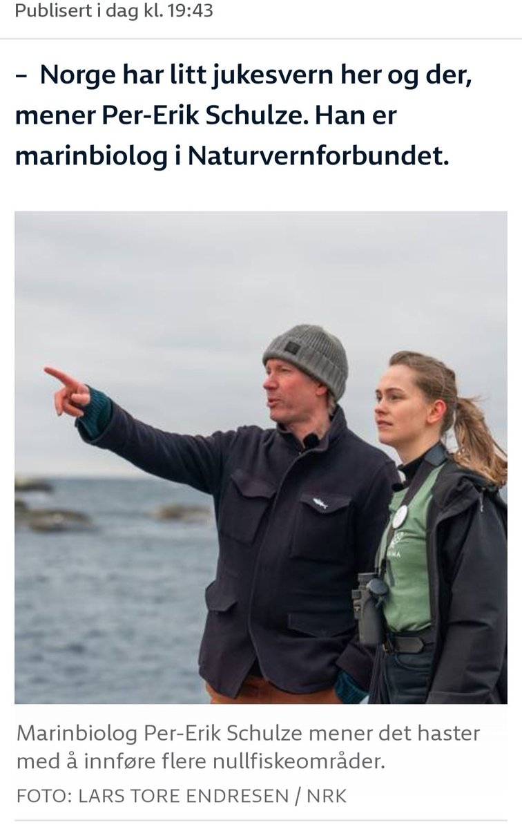 Norway's complete lack of true marine protected areas (we have 0%) is big headliner tonight. The two large biodiversity NGOs @naturvern and @SABIMAnorge speak up. In the article you can also participate in the poll: 'Should Norway protect more ocean?' 👇 nrk.no/vestfoldogtele…