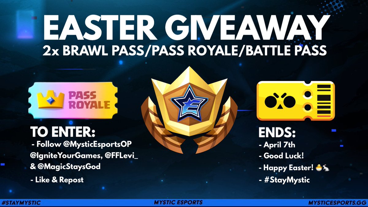 🐣 EASTER GIVEAWAY 🐇 (2x Brawl Pass/Pass Royale/Battle Pass) To Enter: - Follow @MysticEsportsOP, @igniteyourgames, @FFlevi_ & @MagicStaysGod - Like & Repost 🗓Winners Announced on April 7th Good Luck! #BrawlStarsGiveaway #StayMystic