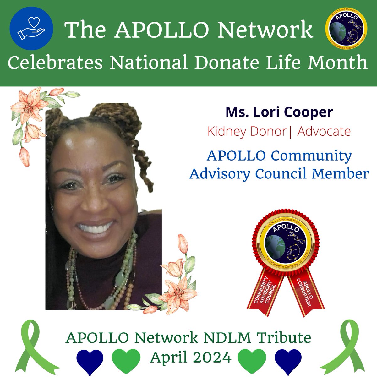 ApolloNetwork13's tweet photo. 📣The @ApolloNetwork13 honors #DonateLifeMonth 2024🦋💙💚
🙌🏾Sharing inspirational message from #CommunityAdvisoryCouncil member #LoriCooper🎤 ‘As a donor, I recognize the importance of informing the African American community about #kidneyhealth &amp; #donation.’  @DonateLife 🦋💚🙌🏾 https://t.co/wqs4VN5yH7