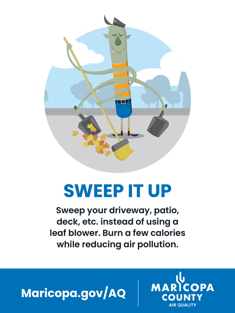 MaricopaAir's tweet photo. Sweep it up! Leaf blowers are not only noisy, but they also contribute to air pollution. #CommitToOneDay and choose to use a hand rake or broom instead of a leaf blower to help us all breathe cleaner air. Learn more tips at https://t.co/m4ZJRuOTHe https://t.co/guxYwHbU16