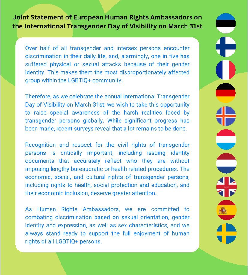 Comunicado conjunto de los #HumanRightsAmbassadors europeos por el #DiaDeLaVisibilidadTrans. La defensa de los derechos de las personas #LGTBIQ+ es una de las prioridades de la política exterior española en materia de #DerechosHumanos @MAECgob @AECID_es #TransDayOfVisibility