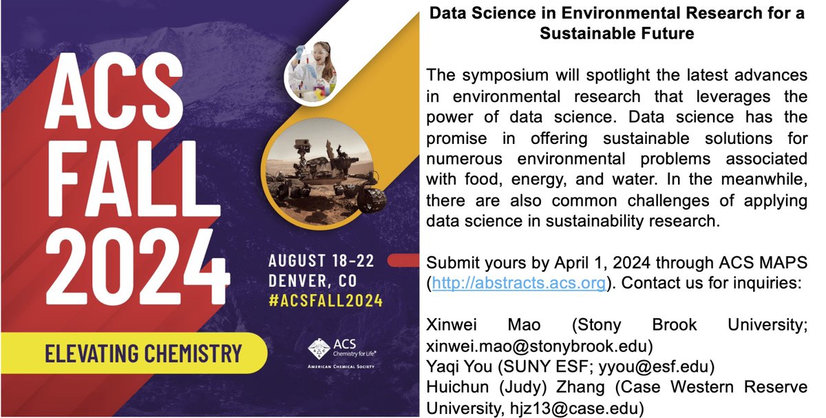yaqiyou's tweet photo. Last call. Consider submitting abstracts by April 1 (https://t.co/w8VmNZeiFQ) to #ACSFall2024 (Aug 18-22, Denver, CO) symposium: Data Science in Environmental Research for a Sustainable Future @ACS_envr @AEESProfs https://t.co/SjbuYfoiTI